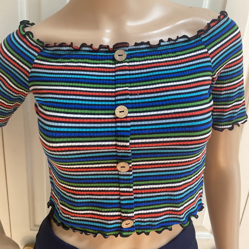 Ambiance Womens S/M Crop Top. Ribbed, ruffle, buttons, striped. So cute and fun. - Picture 2 of 12